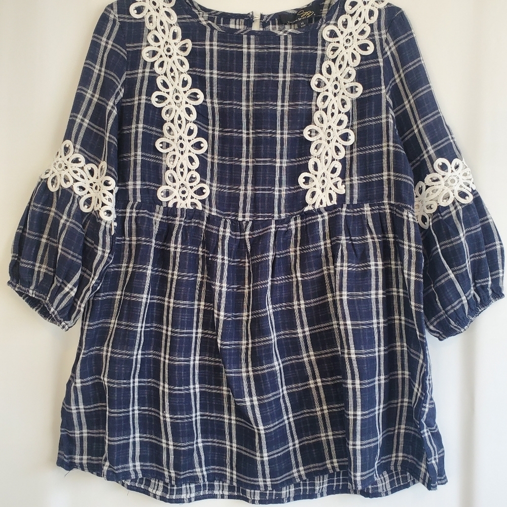 Suzanne Betro Navy and White Plaid Blouse